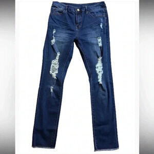 WEAR JEANS Deep Blue Distressed denim frayed bottom classic Straight cut jeans